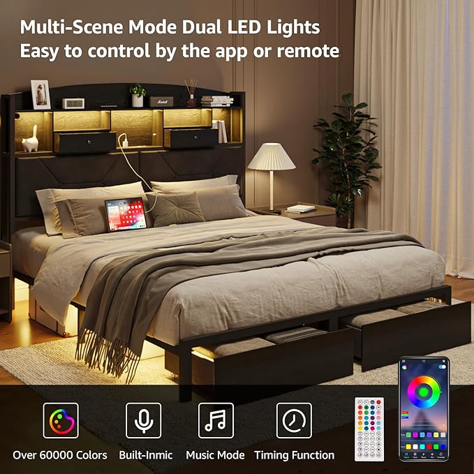 Full Size Black Bed Frame with 4 Storage, Upholstered Velvet Platform Bed Frames with Button Tufted Headboard Led Lights, Wooden Slats Support, No Box Spring Needed, Black