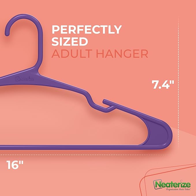 NEATERIZE Clothes Hangers Plastic 100 Pack for Adults - Plastic Hangers, Perfect Coat Hanger and Space Saving Clothes Hangers for Closet, Percheros Ganchos para Colgar Ropa Hangars - Purple Hangers