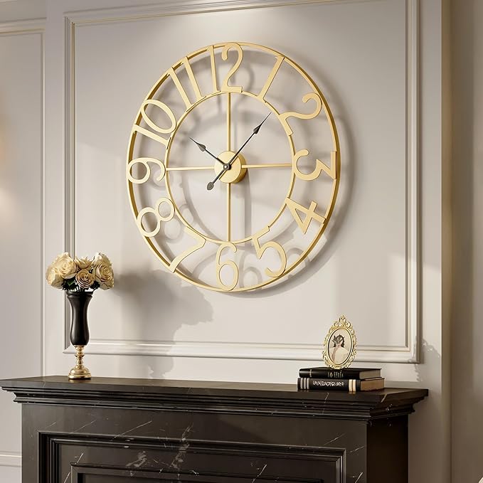 Large Wall Clock 30 Inch, Decorative Gold Clocks Silent Non Ticking Battery-Operated for Living Room Kitchen Mantel Decor, Metal Round Modern Wall Clocks Arabic Numerals