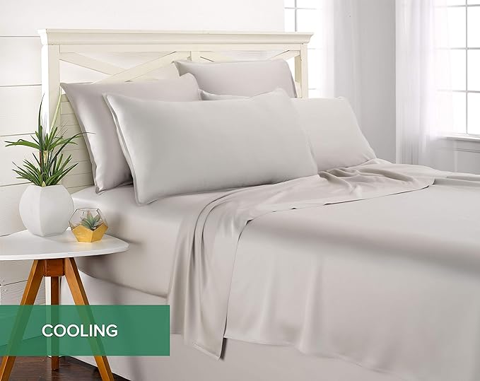 Pure Bamboo Split King Sheets, Genuine 100% Organic Viscose Derived from Bamboo Bed Sheet Set, Soft & Cooling, Double Stitching, 2 Fitted Sheets (Split King, Silver Pearl)