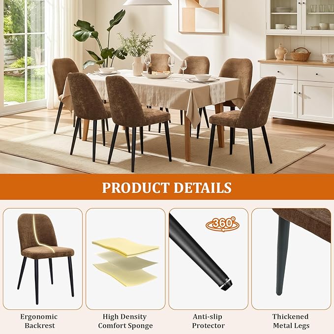 Upholstered Dining Chairs Set of 2, Mid Century Modern Fabric Dining Room Chair High-Back Padded Kitchen Chairs with Padded Seat and Metal Legs for Kitchen Dining Room Restaurant Cafe, Brown