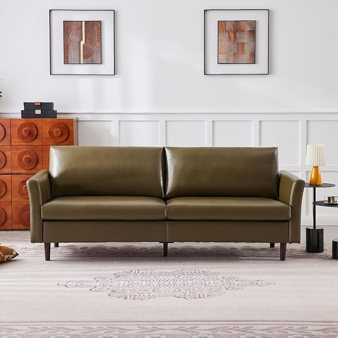Kingfun Faux Leather 3 Seat Couch for Living Room, Mid Century Modern Sofa with Rolled Arms and Deep Seats, Fluffy Comfort for Apartment, Easy to Assemble, Olive Green
