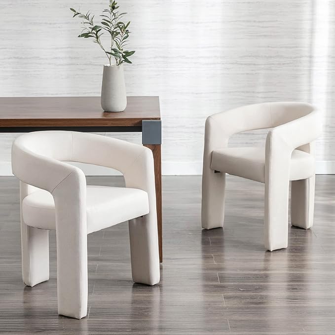 Set of 6 Modern Linen Fabric Upholstered Dining Chairs with Open-Back, Cute Barrel Side Chairs Kitchen Armchair Accent Chairs for Dining Room Bedroom, Ivory