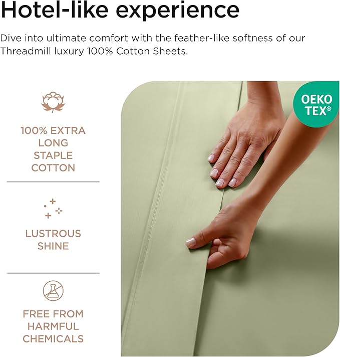 Threadmill 100% Cotton Sheets for King Size Bed - 600 Thread Count King Bed Sheets Set with 16” Deep Pocket - Sateen Weave 4-Piece Bedding Set with Cooling Effect, Sage Green