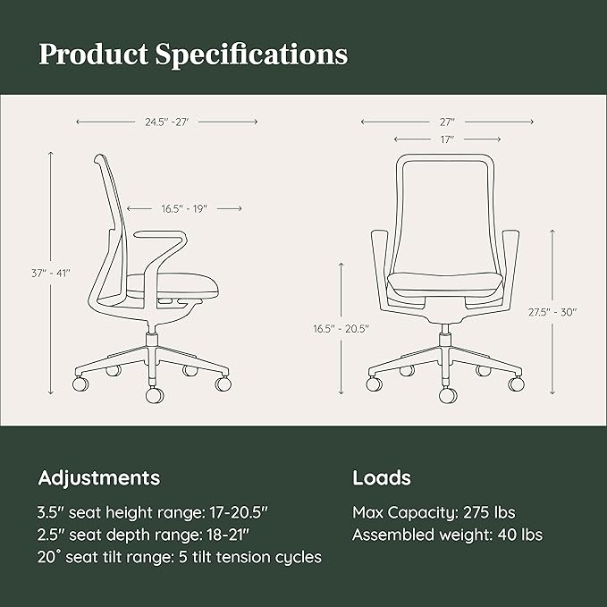 Branch Verve Chair - High Performance Executive Office Chair with Contoured Seat Back and Adjustable Lumbar Rest - High Density Foam Cushion with Aluminum Base - Up to 275 lbs - Coral