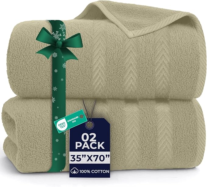 DAN RIVER 2 Pack Luxury Bath Sheets 35x70, 600 GSM, Soft & Quick Dry 100% Ring Spun Cotton Towels Ideal for Hotels, Spas, Gyms & Salons Extra Large, Beige