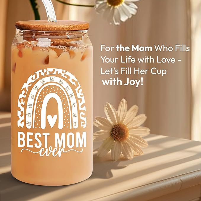 HEXMOZ Gifts for Mom from Daughter, Son, Kids - First Christmas Moms Gift for New Moms, Wife, Mama from Husband - Christmas Mom Gifts for Wife, Her - 16oz Glass Drinking Cup with Straw Gift Box