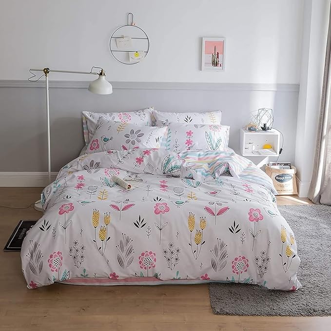 Boho Floral Duvet Cover Full Girls Floral Print Bedding Sets Garden Style Aesthetic Duvet Cover Cotton Floral Comforter Cover Kids Girls Kawaii Bedding Collections Birds Flower Comforter Cover Full