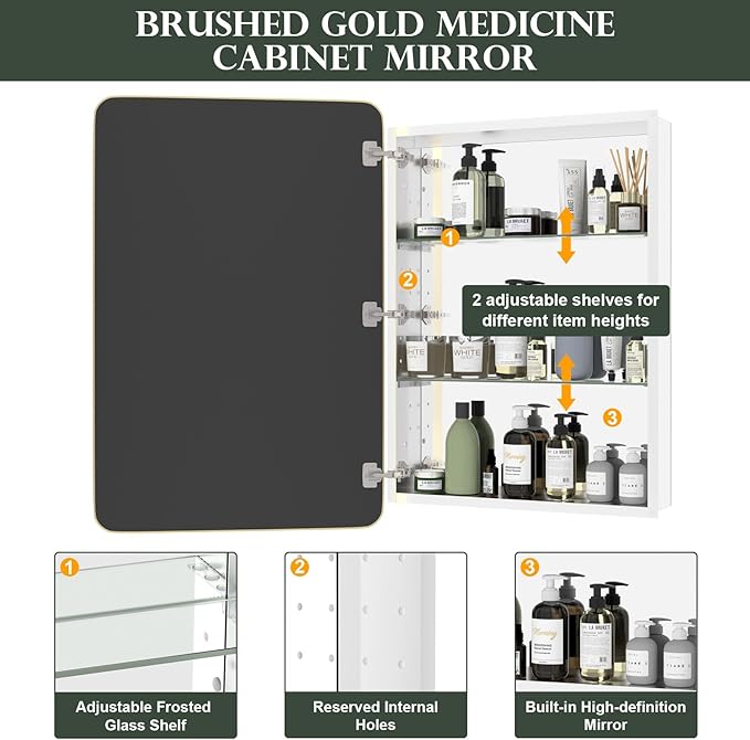 WallBeyond Bathroom Medicine Cabinet with Mirror, 24x36 Inch Gold Recessed Medicine Cabinet with Round Corner Aluminum Alloy Metal Framed, Single Door Modern Mirror Cabinet with Storage