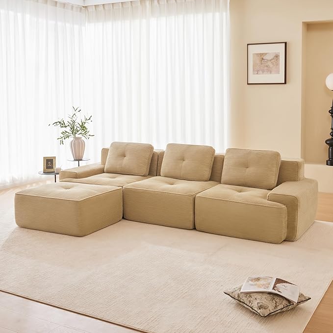 115" Modern Compressed Boneless Couch with Ottoman, 3 Seater Large L Shaped Sectional Couches for Living Room, Camel Corduroy Cloud Modular Sectional Sofa, Memory Foam, Extra Deep, No Assembly