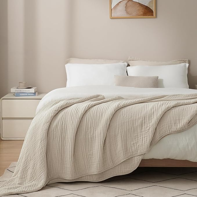 PHF Cooling Muslin Blanket King Size 104"x80", 6-Layer Lightweight Gauze Blanket Made from 35% Rayon Derived from Bamboo & 65% Cotton, Breathable & Ultra Soft Cozy, Aesthetic Home Decor, French Oak