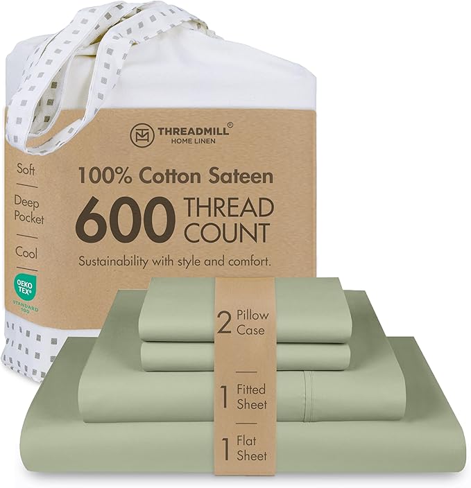 Threadmill 100% Cotton Sheets for King Size Bed - 600 Thread Count King Bed Sheets Set with 16” Deep Pocket - Sateen Weave 4-Piece Bedding Set with Cooling Effect, Sage Green