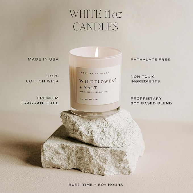 Sweet Water Decor Sandalwood Rose Candle - Rose, Cedar, Vanilla, Musk Scented Floral Candle for Spring - 11oz White Jar with Wood Lid, 50+ Hour Burn Time, Made in The USA