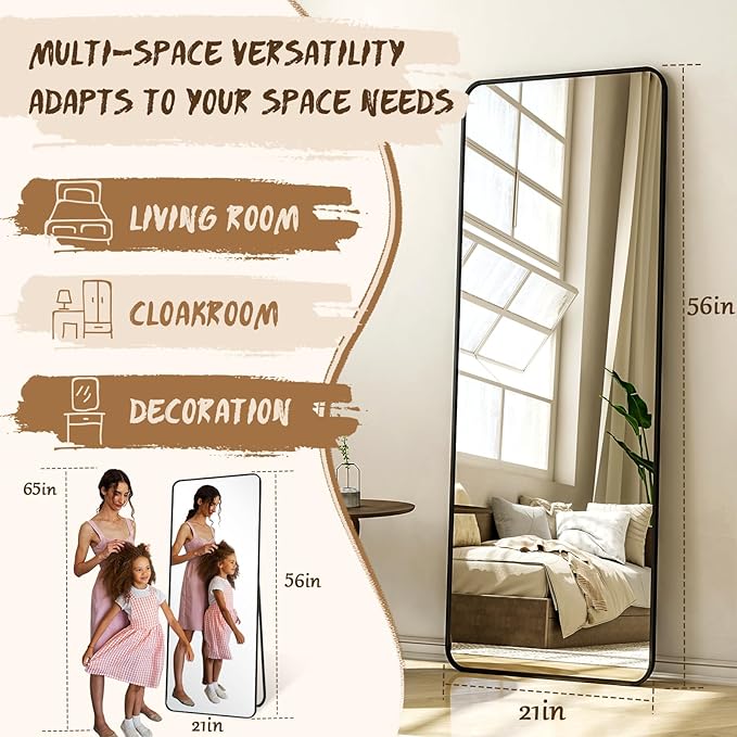 56"x21" Floor Full Length Mirror Standing Full Body Rounded Corner Rectangle Mirrors with Stand Hanging Wall Mounted Leaning Bedroom Living Room Bedroom Cloakroom,Black