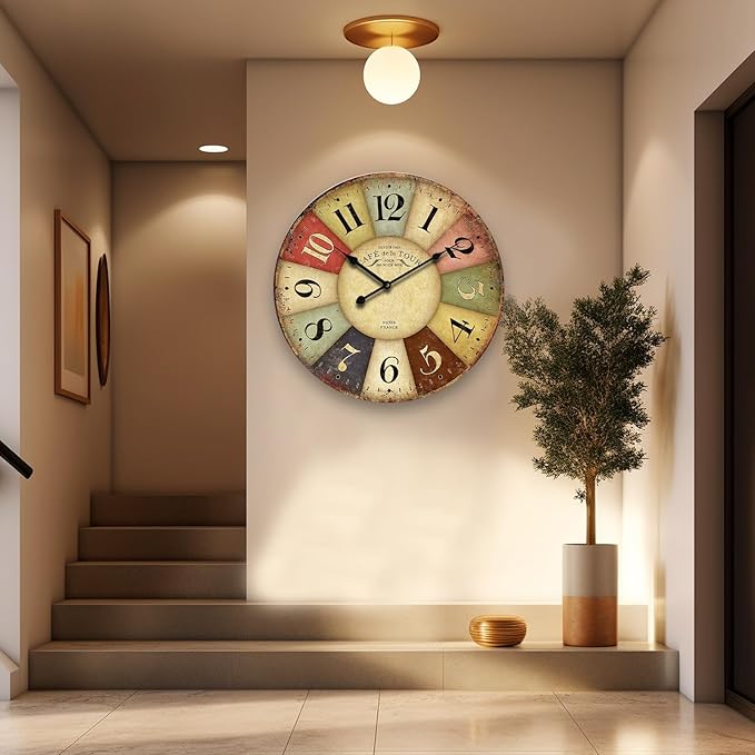 24 Inch Vintage Wall Clocks French Style Retro Wall Clock Large Farmhouse Clocks Retro Colorful Wall Clock Decorative Battery Operated Silent Scan Non-Ticking for Home Living Room Bedroom