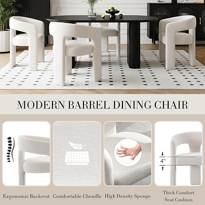 Modern Chenille Dining Chairs Set of 6, Upholstered Barrel Chairs with Arms Comfy Accent Side Chairs for Living Room/Dining Room/Reception, Beige