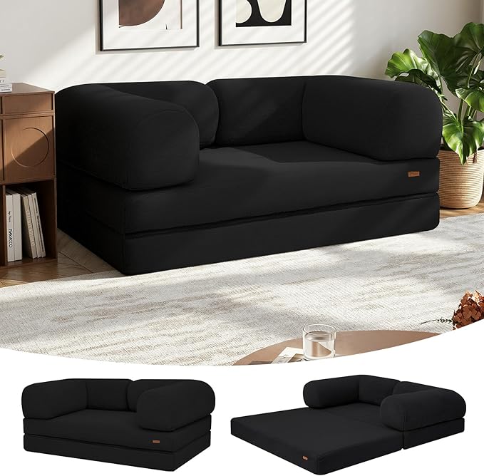 COMAX 4-in-1 Futon Sofa Bed, Queen Size Foldable Couch with L-Shaped Armrests, Convertible Sleeper Chair Bed, Comfortable Lounge Mattress for Living Room and Bedroom, Dark Black