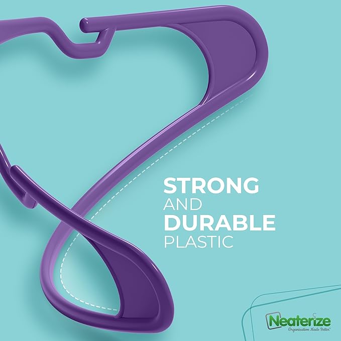 NEATERIZE Clothes Hangers Plastic 100 Pack for Adults - Plastic Hangers, Perfect Coat Hanger and Space Saving Clothes Hangers for Closet, Percheros Ganchos para Colgar Ropa Hangars - Purple Hangers
