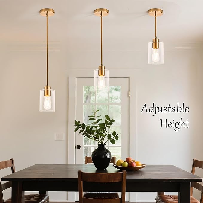 MAYNA 3-Pack Brushed Brass Dining Room Light Fixtures, Modern Gold Pendant Lighting Over Island, Adjustable Rods Glass Chandelier for Kitchen Table (Bulbs Included)