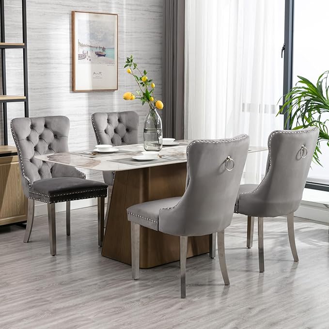 Luxury Upholstered Dining Chairs Set of 6, Grey Kitchen Chair with Silver Metal Legs, Velvet Tufted Back Dining Chair, Sillas de Comedor, Modern Kitchen & Dining Room Chairs (Gray, 6 Pcs)