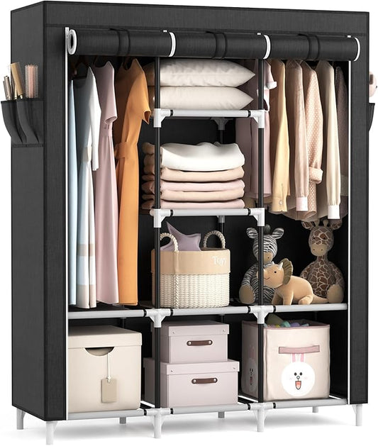 VTRIN Portable Closet, Large Capacity Portable Wardrobe with 2 Hanging Rods and 8 Storage Shelves, Sturdy Free Standing Closet Wardrobe for Hanging Clothes with Side Pockets, Black