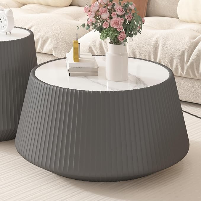 Grey Round Coffee Table with Sintered Stone Tabletop, 26.77" Drum Coffee Table with Fluted PU Leather Covered and Stable Base, Circle Cocktail Tea Table for Living Room