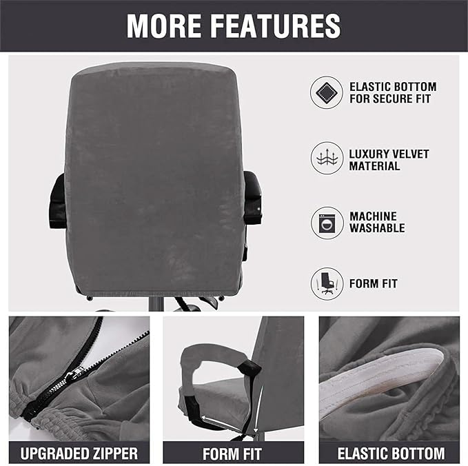 Velvet Plush Stretchable Office Computer Chair Cover Ergonomic - Cat Proof Protector for Mesh Office Desk Chair with Wheels and Armrests - Comfy Executive Rolling Chairs for Home Office, Gray, XL