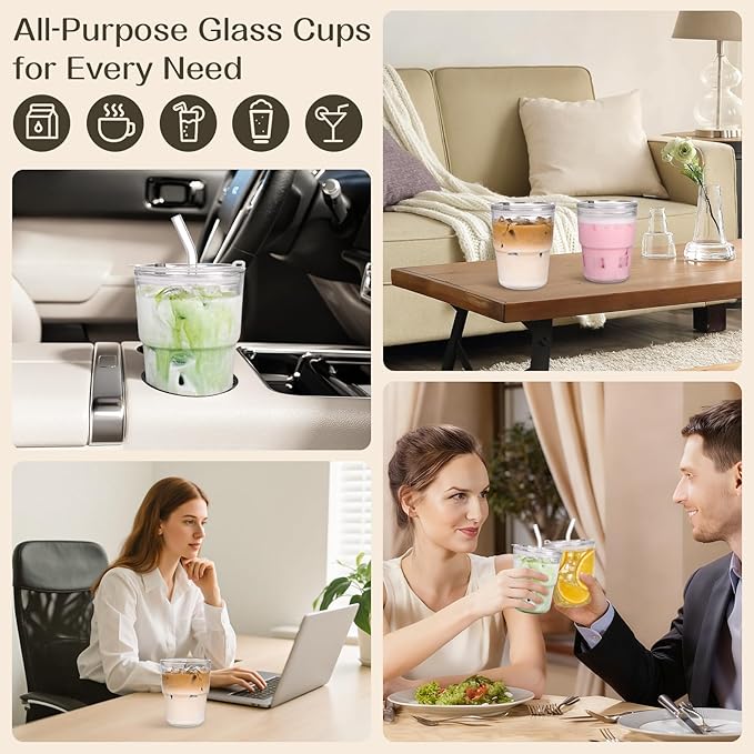 AUFXKOO13oz Glass Tumbler with Straw and Lid，2 Pack Iced Coffee Cups with lids Reusable,Glass to go Coffee Cup,Glass Cups with Lids for Drinking Matcha, Coffee, and Juice.