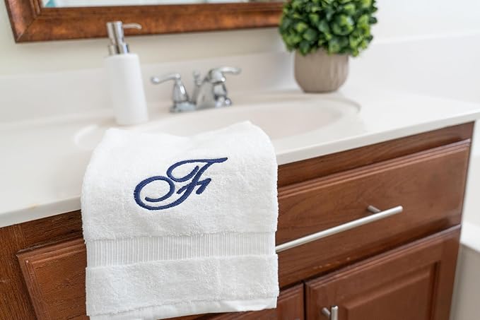 White Monogrammed Hand Towels for Bathroom - Luxury Hotel Quality Personalized Initial Embroidered Towel for Powder Room, Spa - GOTS Organic Certified - Pack of 2 Navy, Letter F