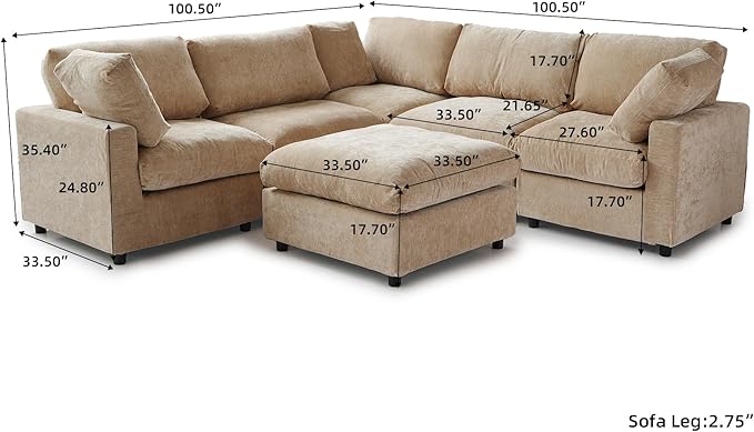 JACH V Shape Sectional Couches with Chaise Ottoman, Convertible Modular Sofa, Cloud Sectional Couch, Sofa Covers Washable, Minimalist Couch for Living Room, Apartment, Khaki