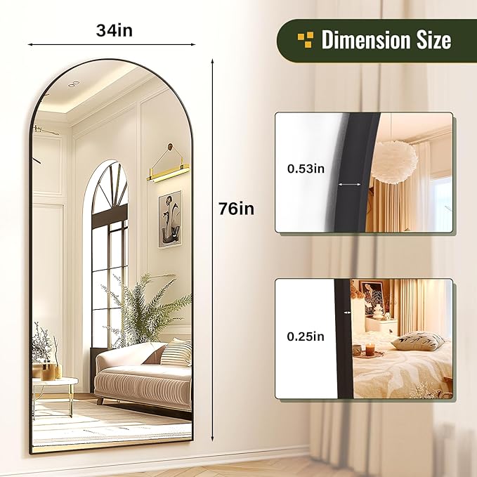 34x76 Arched Full Length Mirror Floor Mirrors with Aluminum Alloy Frame Free-Standing Wall Mounted Floor Mirrors or Large Dressing Mirror, Black Mirror Full Length