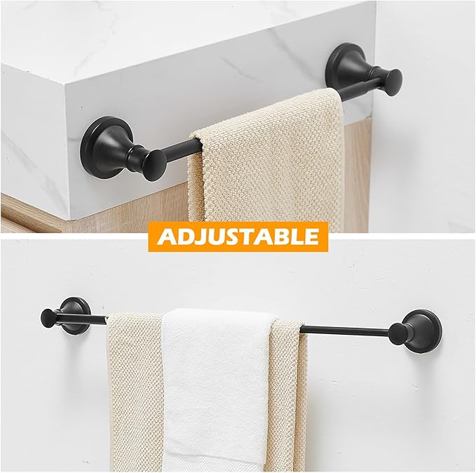 BESy Adjustable Bronze 16 to 28 Inch Bath Towel Bar Rack for Bathroom Towel Holder, Wall Mounted Towel Bar Rod Hanger Bathroom Hardware Accessories Hotel Style, Stainless Steel, Matte Black
