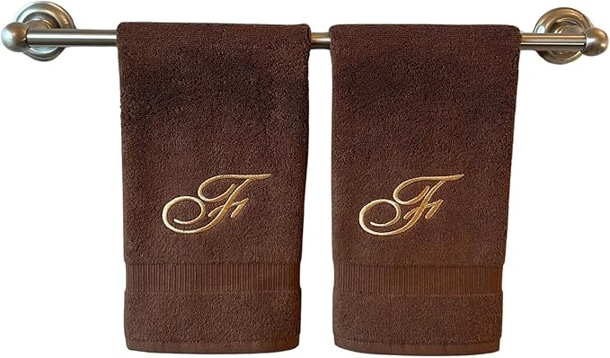 Brown Monogrammed Hand Towels for Bathroom - Luxury Hotel Quality Personalized Initial Embroidered Towel for Powder Room, Spa - GOTS Organic Certified - Set of 2 Beige Letter F