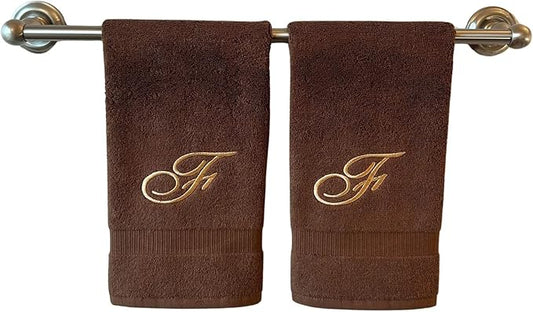 Brown Monogrammed Hand Towels for Bathroom - Luxury Hotel Quality Personalized Initial Embroidered Towel for Powder Room, Spa - GOTS Organic Certified - Set of 2 Beige Letter F