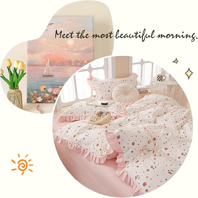 LifeTB Kawaii Pink Strawberry Duvet Cover Queen 100% Cotton Girls Princess Lace Duvet Cover Cute Strawberry Bedding Set Romantic Ruffle Comforter Cover Kids Kawaii Bedding Cover with 2 Pillowcases