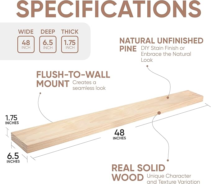 Homeforia Wood 48 inch Floating Shelf, High End Solid Natural Wood 48inch Floating Shelves for Wall Mounted, Unfinished Wooden Large Floating Shelves, Heavy Duty Bracket, 48 X 6.5 X 1.75 in, Set of 3