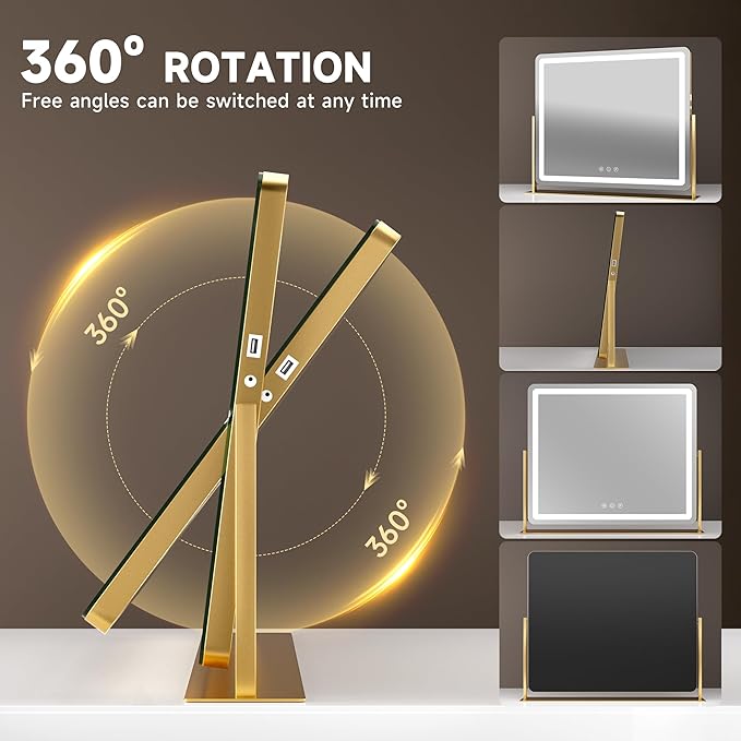 Hasipu Vanity Mirror with Lights, 25" x 21" LED Makeup Mirror, Light up Mirror with 10X Magnification and Phone Holder, USB Charging Port, Smart Touch 3 Colors Dimmable, 360° Rotation (Gold)