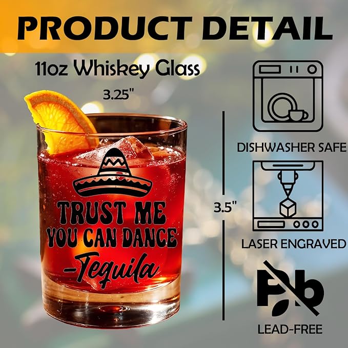 Tequila Lovers Gifts Old Fashioned Whiskey Glasses, Funny Margarita Gifts for Women Men, Trust Me You Can Dance -Tequila 10 oz Rocks Barware Cup for Cocktail Drinks Scotch Bourbon Liquor