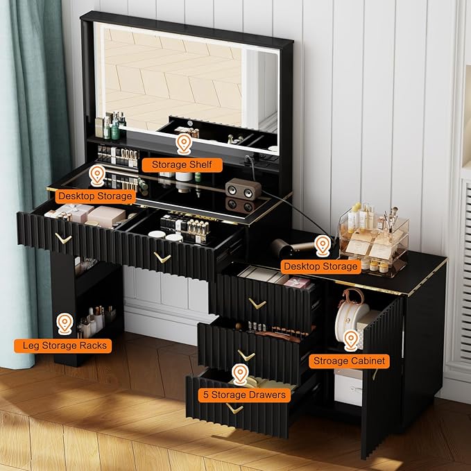 57“Makeup Vanity Desk with Mirror and Lights, Vanity Desk with 5 Drawers & Storage Shelves, Vanity Table with Power Outlet, 3 Color Modes & Adjustable Brightness Dressing Table, Bedroom,Black