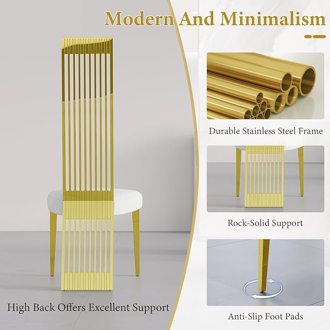 White and Gold Dining Chairs Set of 6, Luxury Dining Room Chairs with Mirror Polished Metal High Back and Legs, Modern Heavy duty Dining Chairs with Breathable Backrest for Living Room, Kitchen