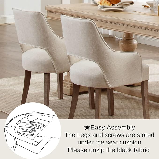 Linen Dining Chairs Set of 6, Upholstered Farmhouse Kitchen Chair Accent Chairs Side Chair with Wood Legs for Living Room/Dining Room/Bedroom/Restaurant, Upgraded Size, Cream
