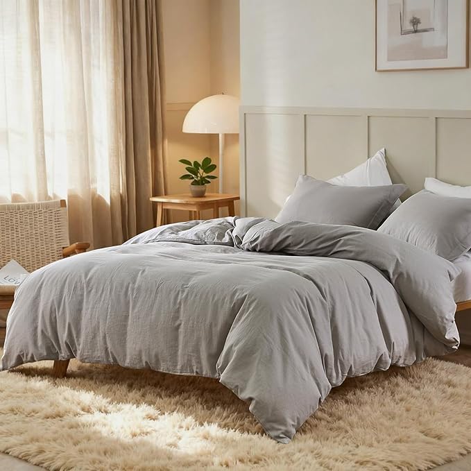 Simple&Opulence French Linen Duvet Cover Set 68" x 86"- 2 Pieces (1 Comforter Cover,1 Pillowcase)- Natural Flax Cotton Blend-Solid Color Breathable Farmhouse Bedding-Grey, Twin