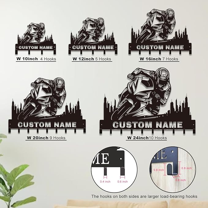 Personalized Motorcycle Metal Key Holder, Custom Last Name Metal Wall Sign, Hanging Storage Rack for Garage and Home Decor (Style-5)