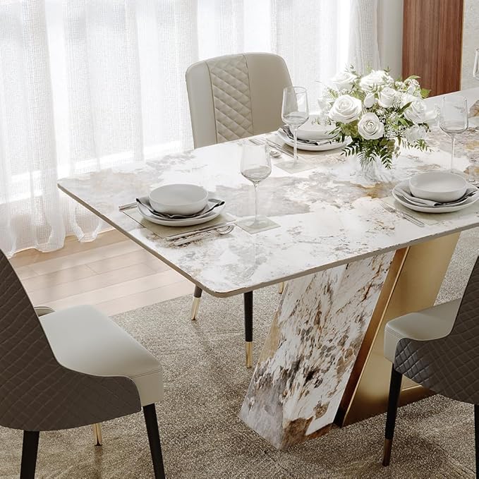 POVISON 63" Modern Luxury Gold Rectangular Dining Table for 4, Glossy Sintered Stone Tabletop, White and Gold Z-Shaped Stainless Steel Base (Dining Table Only)