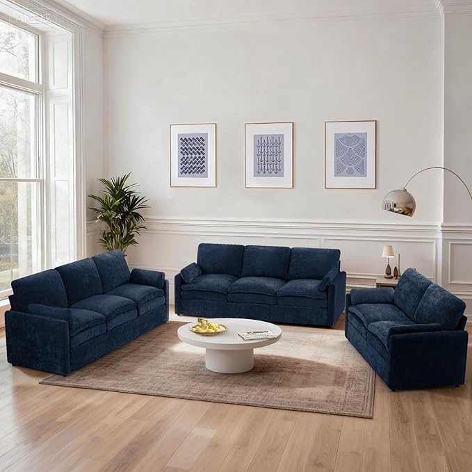 3 Pieces Chenille Sofa Set w/Arm Pillows, Upholstered Loveseat & 2 Pieces 3 Seater Sofa w/Comfortable Back Cushions, Modern 2-Seat & 3-Seat w/High-Density Foam for Living Room, Blue