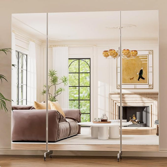 brisafe 71"x67" Folding Mirror with Wheels, 3-Panel Full Length Wall Mirror, Space-Saving Design, Shatterproof Nano Material, Portable Floor Mirror for Gym, Dance Studio, Home, Commercial Use, Silver