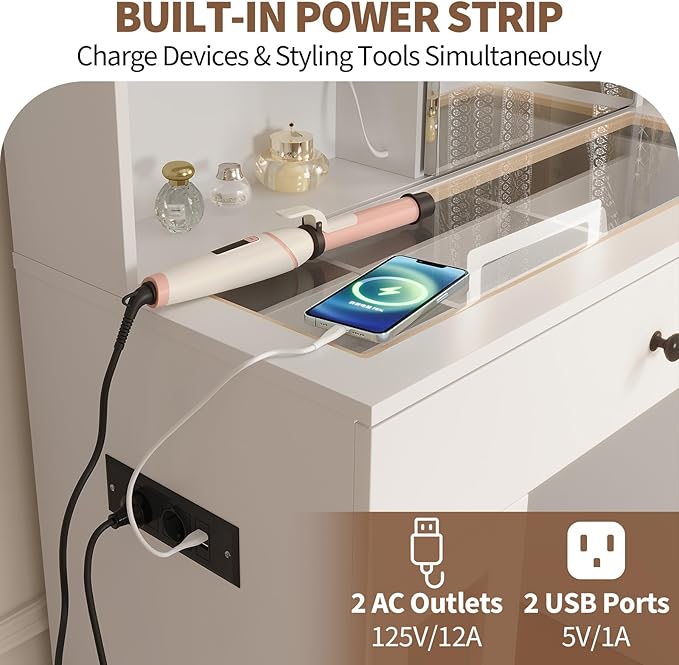 Vanity Desk with Mirror and Lights, Glass Top Vanity Desk with Sliding LED Mirror & 3-Color Lights, Makeup Dressing Table with Storage Drawers, Rainbow Glass Cabinets, USB/AC Outlets, MDF Beauty Hub