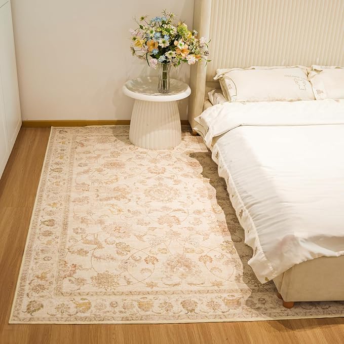 8x10 Soft Washable Area Rugs for Living Room and Bedroom, Non-Slip Stain Resistant Indoor Carpet, Cozy Floor Mat for Dining Room, Office, Under TableStain Resistant Persian Beige Floral
