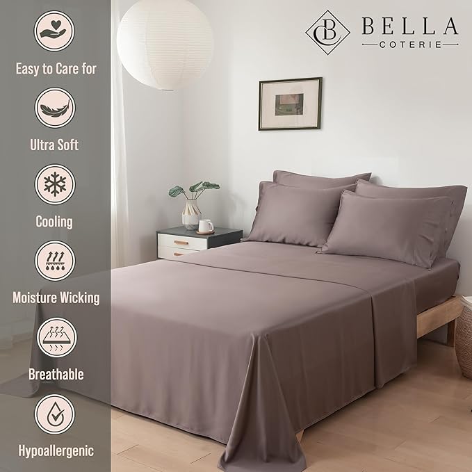 Bella Coterie 6 Piece Luxury Bamboo Viscose California King Size Sheet Set | 100% Organically Grown | Cooling for Hot Sleepers | 18" Deep Pocket | Soft & Hypoallergenic | 4 Pillowcases [Mocha]