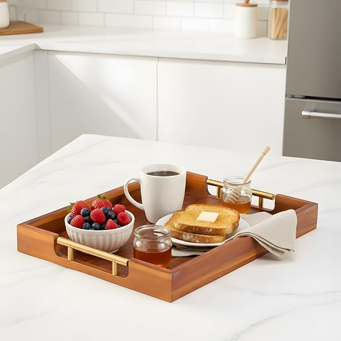 Premium Acacia Wood Ottoman Tray, 17x13 inches Large Serving Tray, Decorative Coffee Table Tray with Metal Handles, Ideal for Breakfast in Bed, Appetizers, Kitchen & Living Room Decor